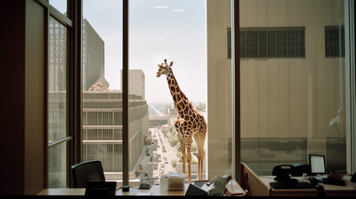 a giraffe standing in an office looking out the window