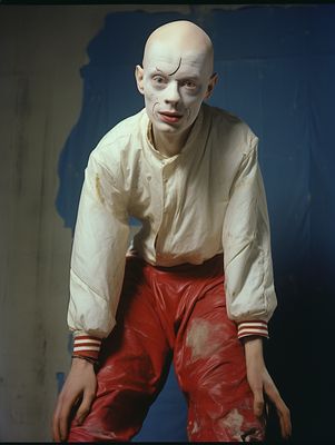 a man in a white shirt and red pants