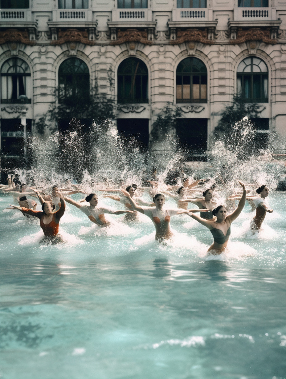 a group of people standing in a pool of water