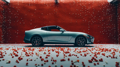 a silver sports car parked in front of a red wall