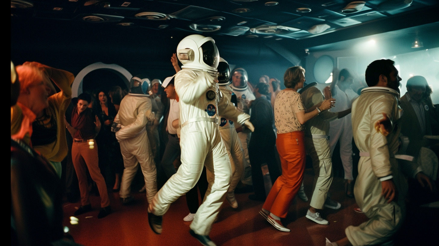 a group of people in a room with a man in a space suit