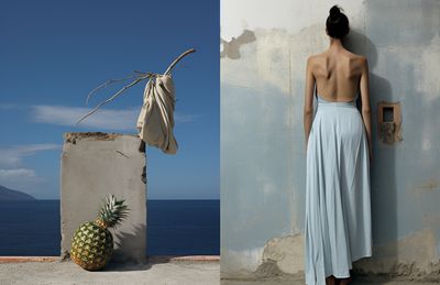 a woman in a blue dress standing next to a pineapple