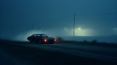 a car driving down a foggy road at night