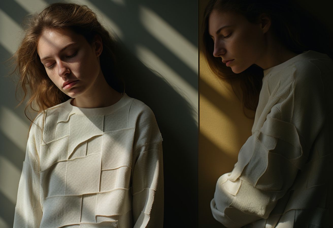 a woman standing next to a wall with her eyes closed