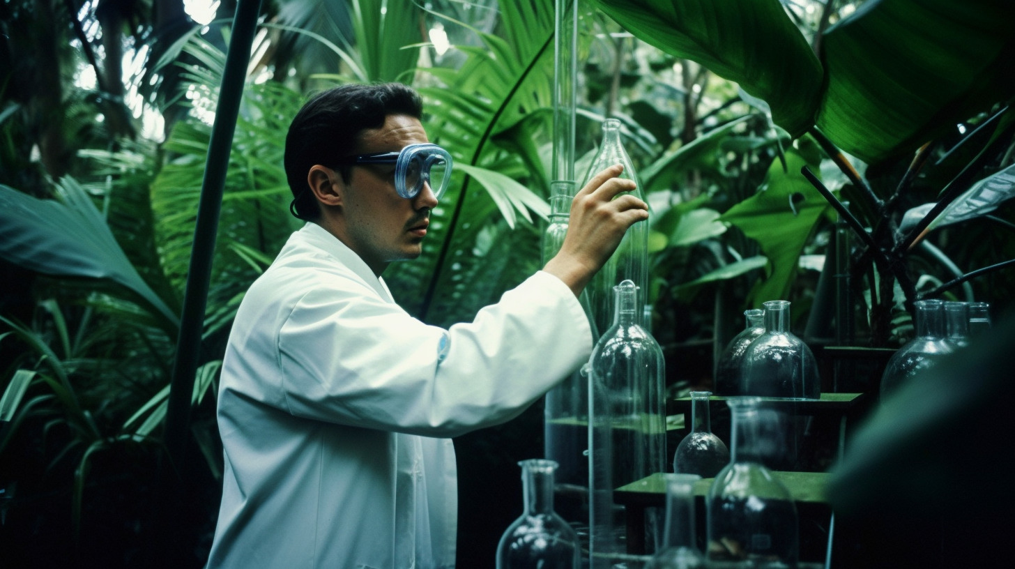 a man in a white lab coat looking through glass bottles