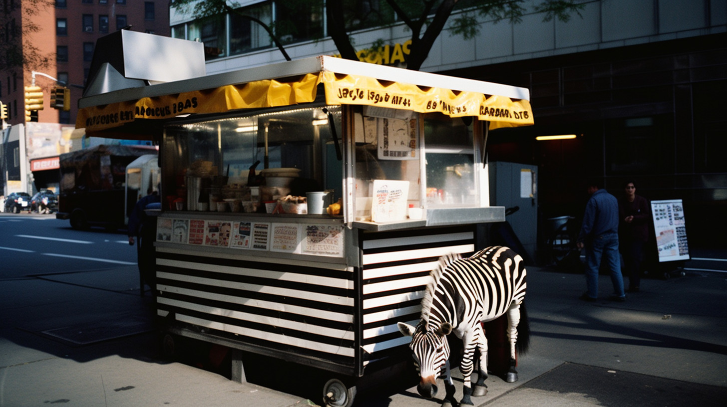 a zebra standing next to a food cart