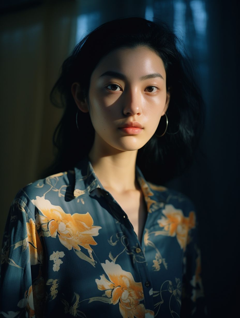 a woman in a floral shirt looking at the camera