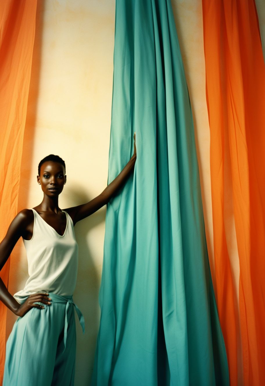 a woman standing in front of a curtain