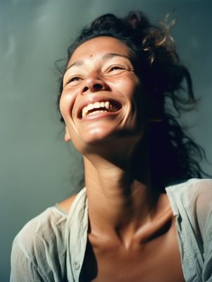 a woman smiling with her hair blowing in the wind