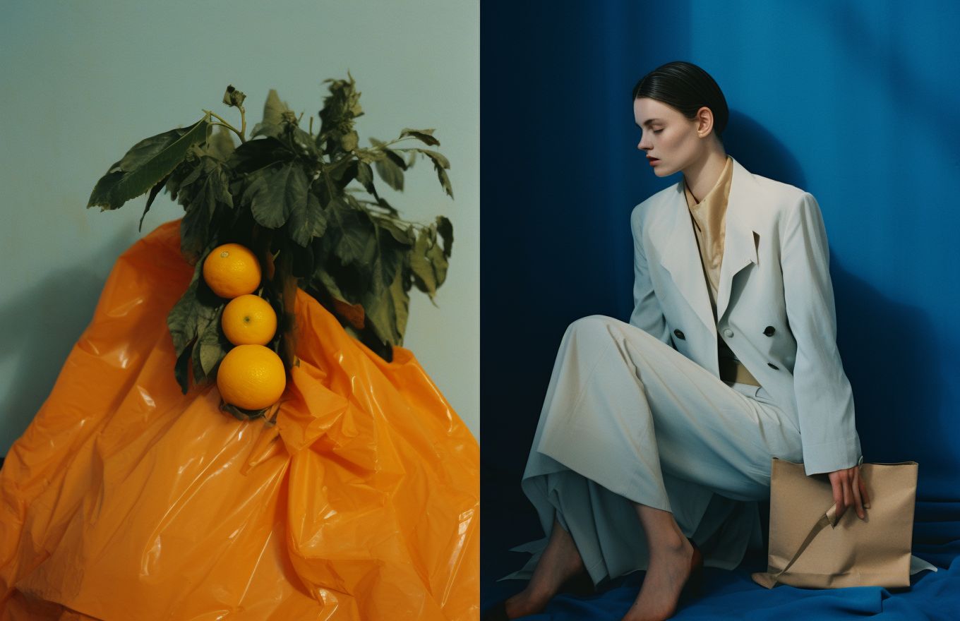 a woman sitting on a chair next to a bag of oranges