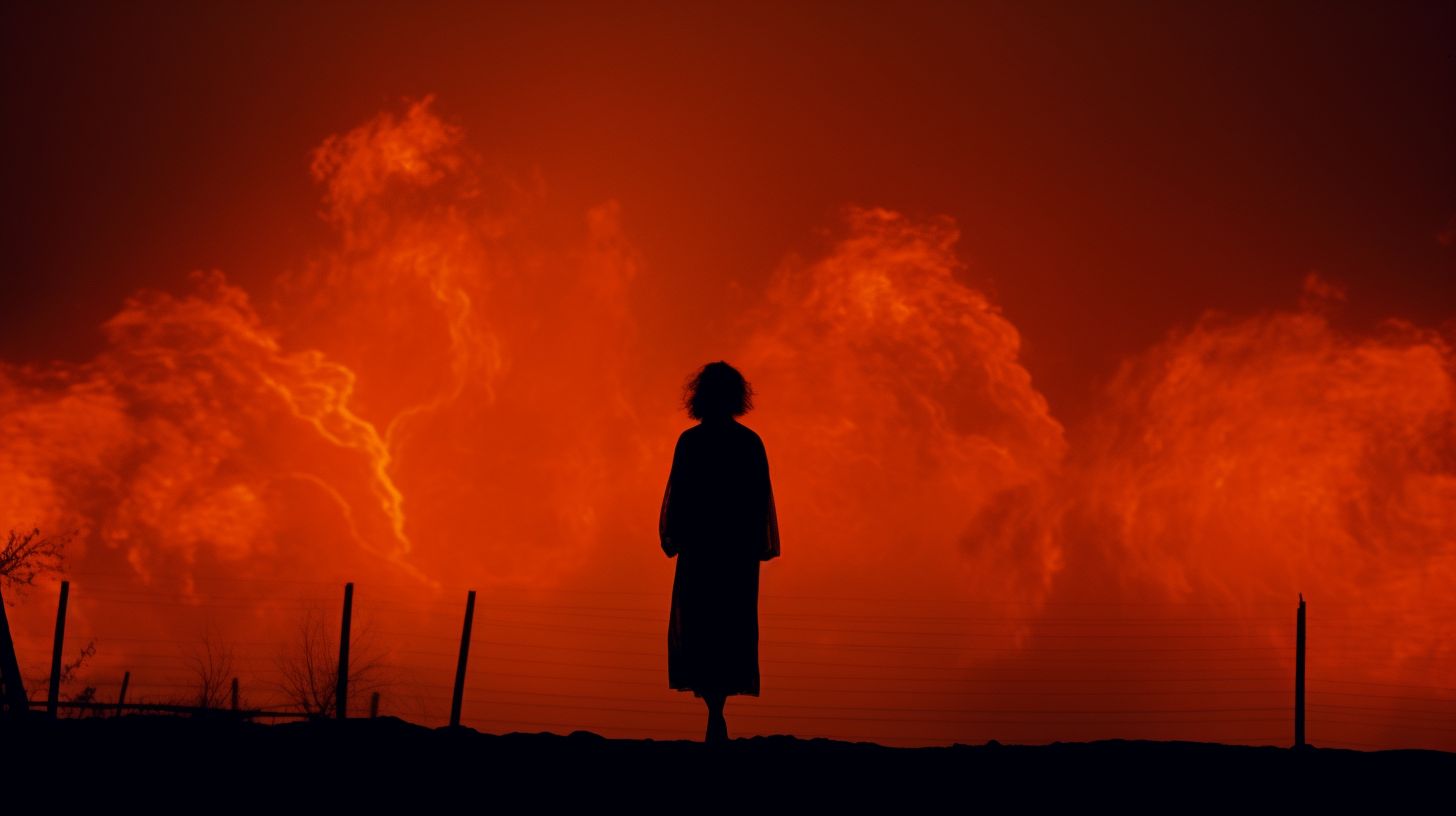 a person standing in front of a red sky