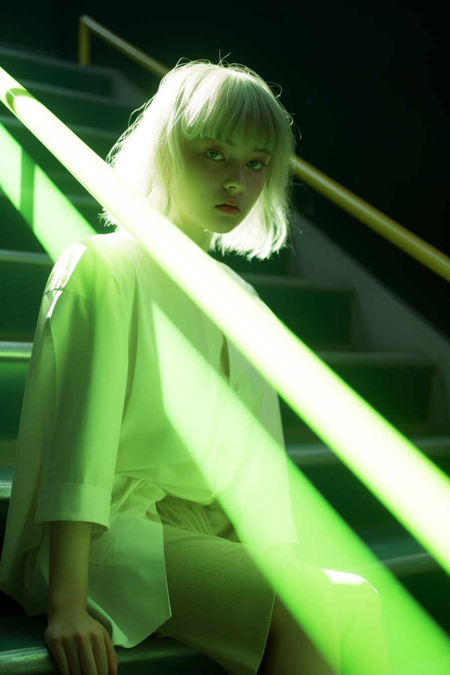 a woman sitting on a set of stairs