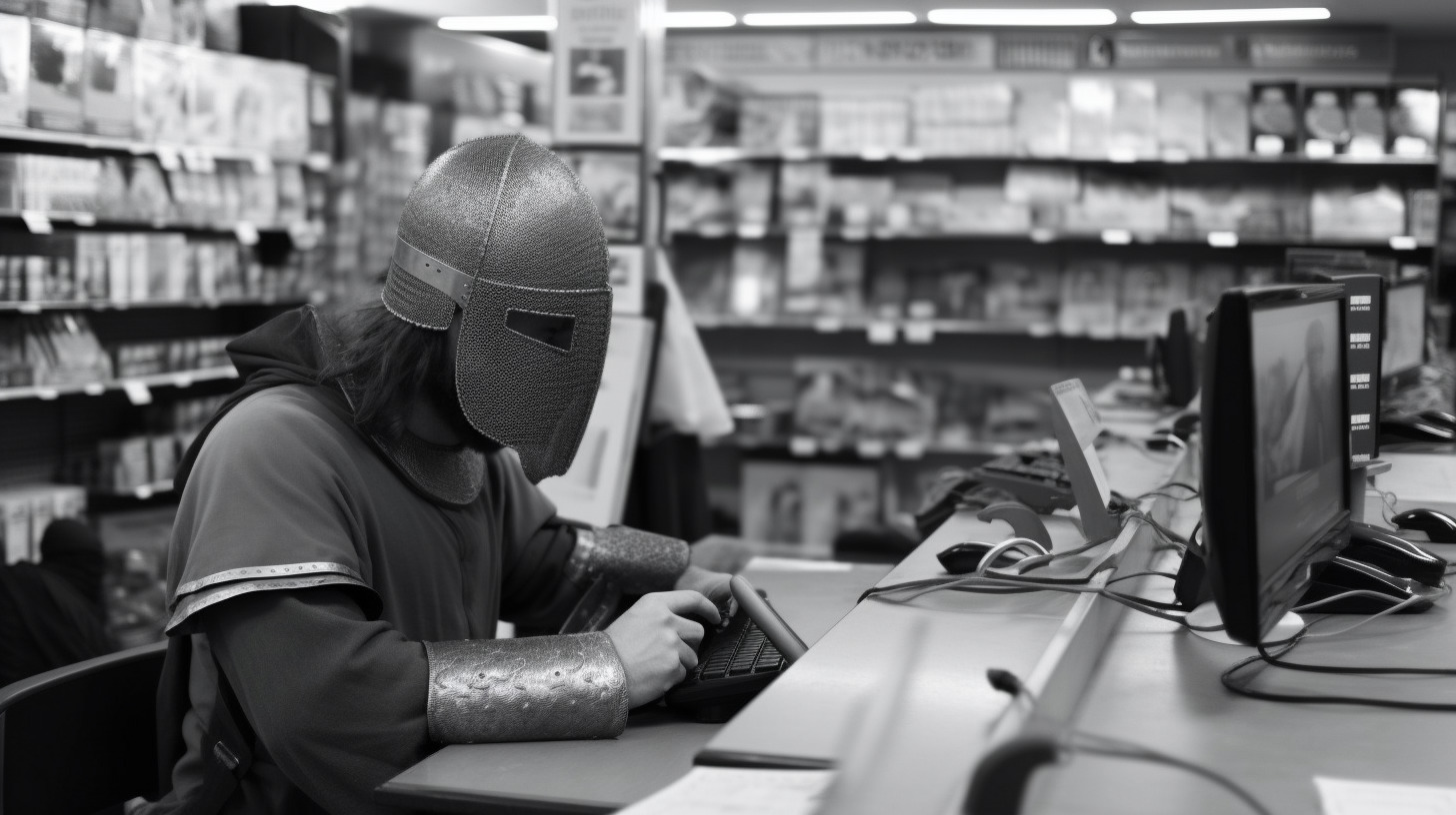 a person wearing a mask sitting at a desk in a store