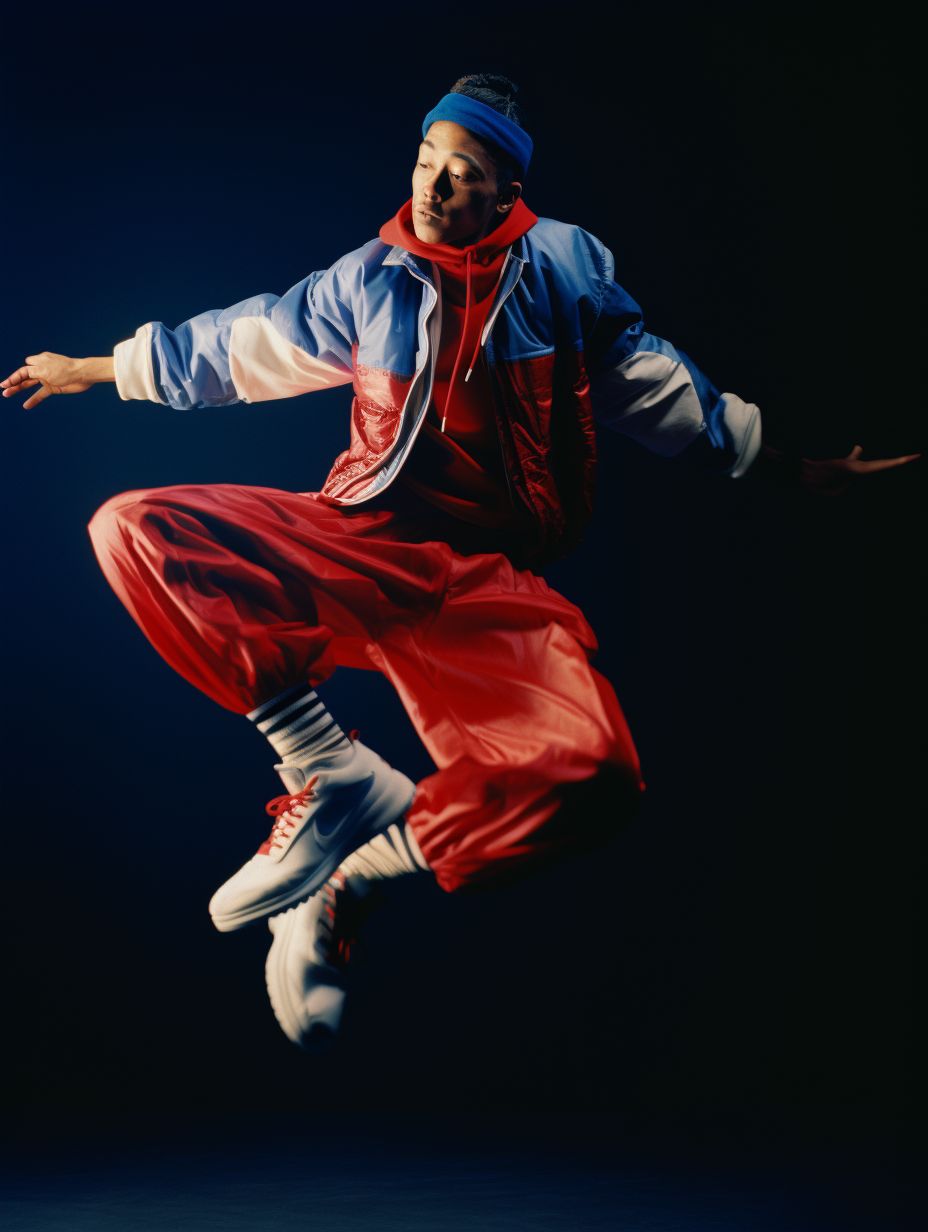 a man in red pants and a blue jacket jumping in the air