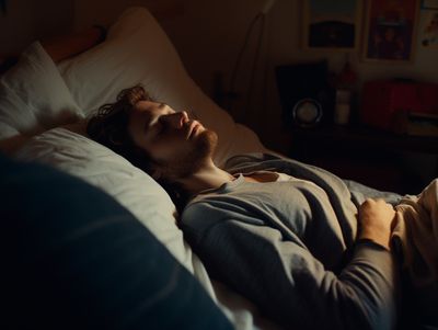 a man laying in bed with his eyes closed