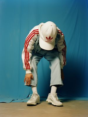 a man in a white adidas jacket and hat