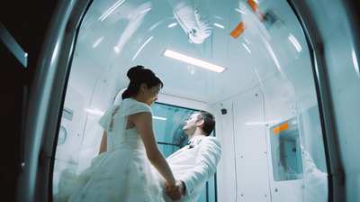 a man and a woman standing in front of a mirror