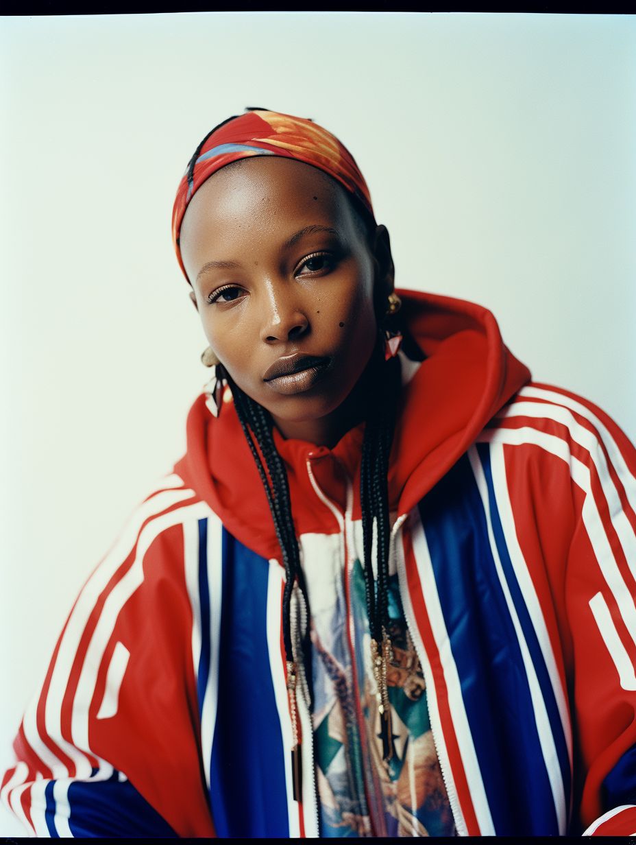 a woman wearing a red, white, and blue hoodie