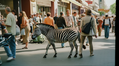 a zebra is walking down a busy street