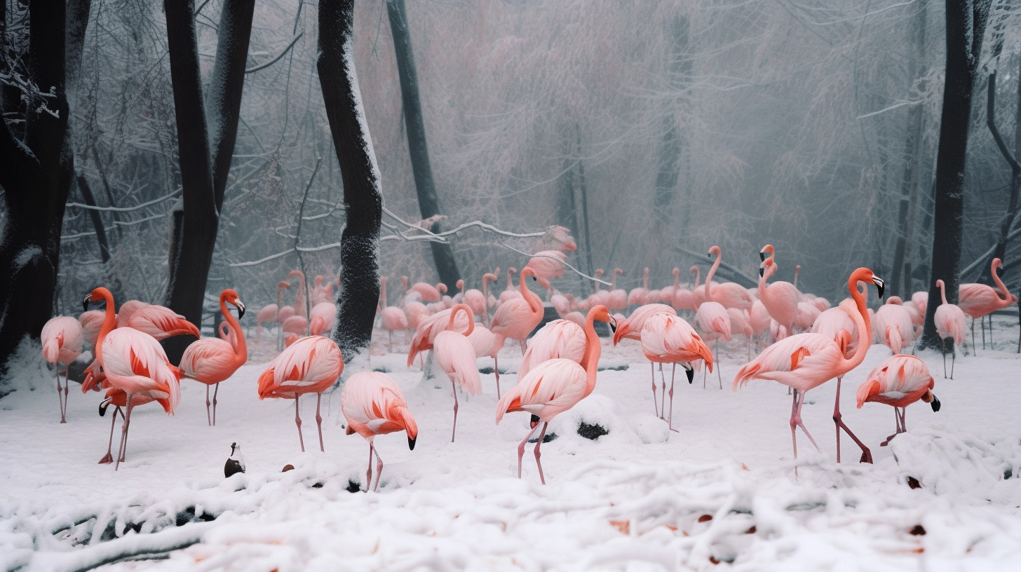 a group of flamingos standing in the snow