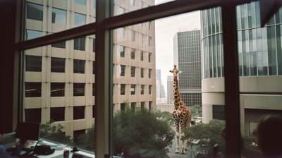 a tall giraffe standing next to a tall building