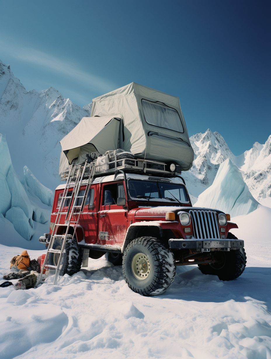 a red jeep with a tent on top of it in the snow