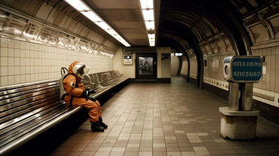 a person in a space suit sitting on a bench