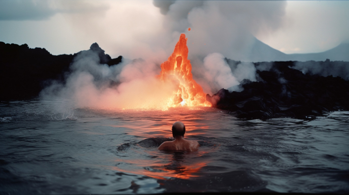 a man in a body of water surrounded by lava