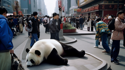 a panda bear laying on the ground in front of a crowd of people