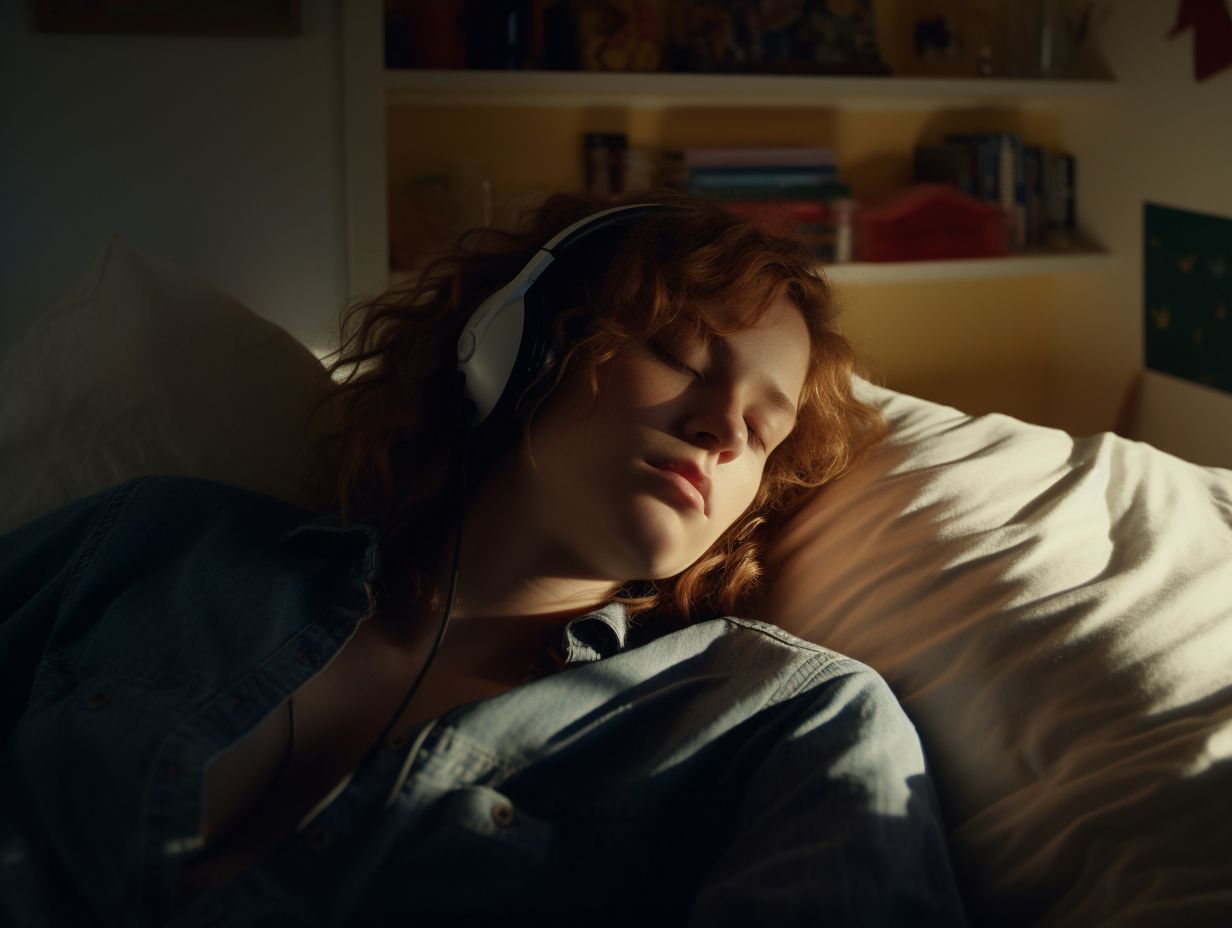 a woman laying in bed with headphones on