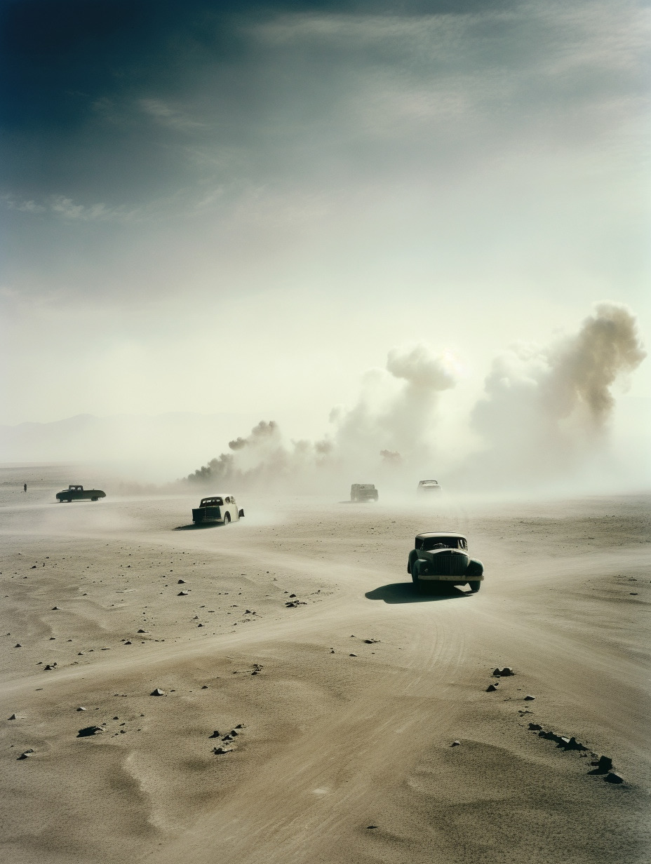 a group of cars driving down a desert road