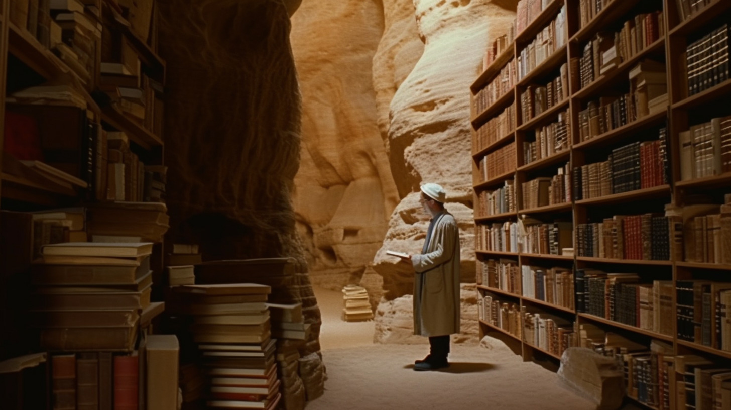 a man standing in a library with a book shelf full of books