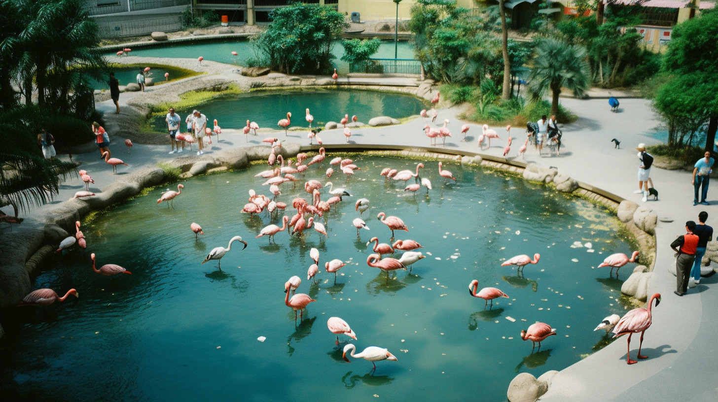 a group of flamingos standing around a pool of water