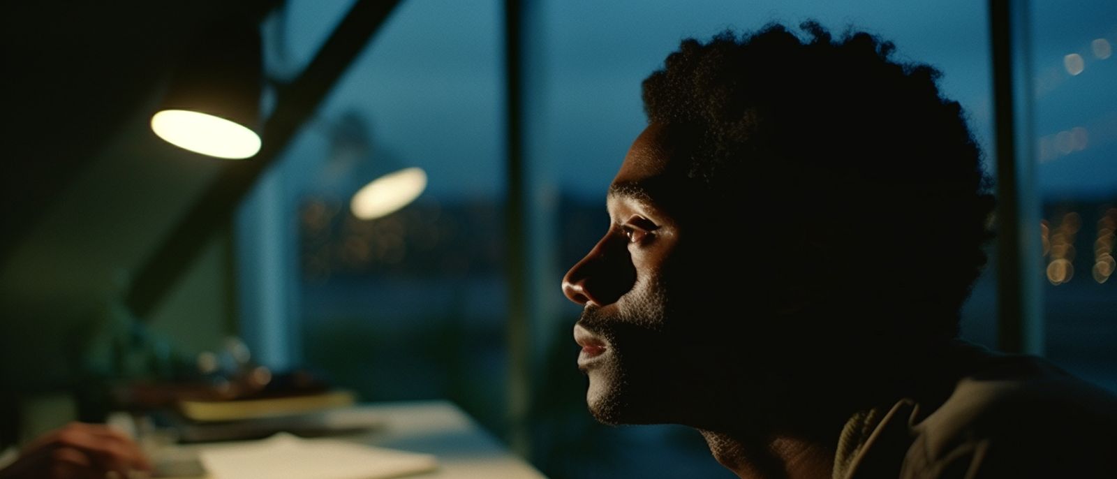 a man sitting in front of a window at night