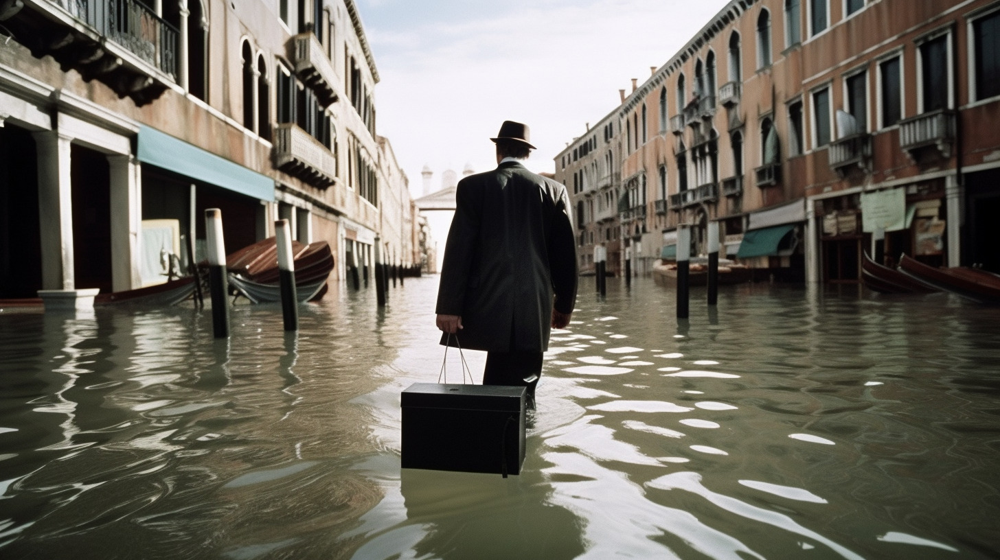 a man in a suit and top hat walking through a flooded street