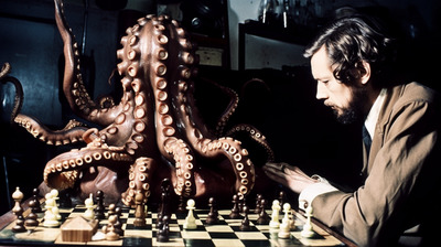 a man playing a game of chess with an octopus