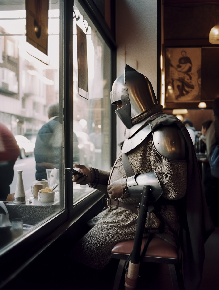 a man dressed as a knight sitting at a window