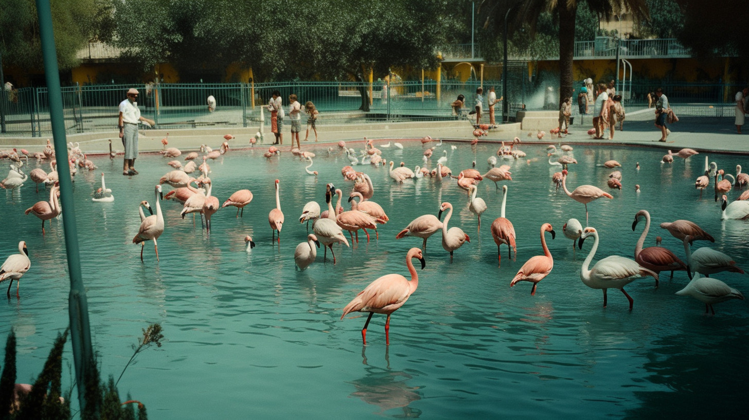 a flock of flamingos standing in a pool of water