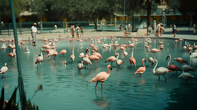 a flock of flamingos standing in a pool of water