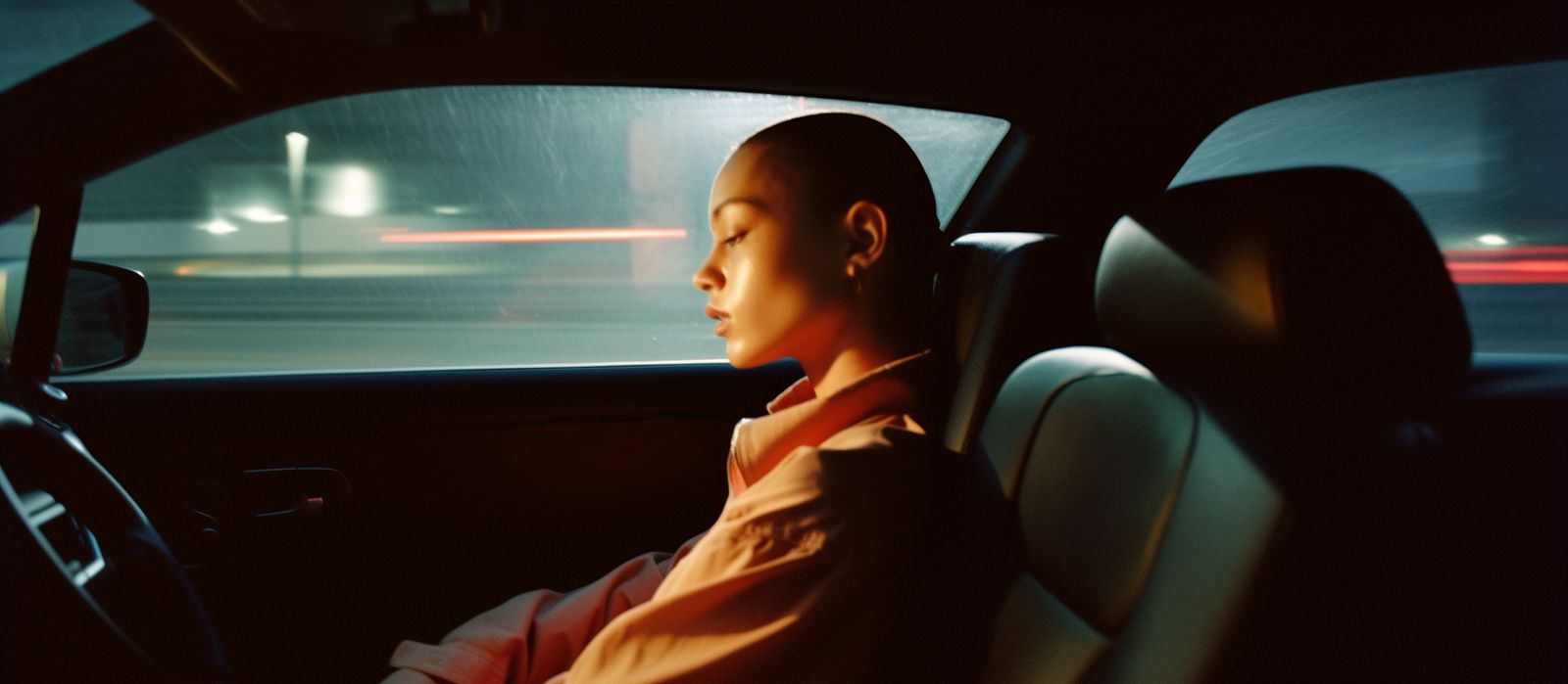 a man sitting in a car in the rain