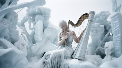 a woman in a white dress playing a harp