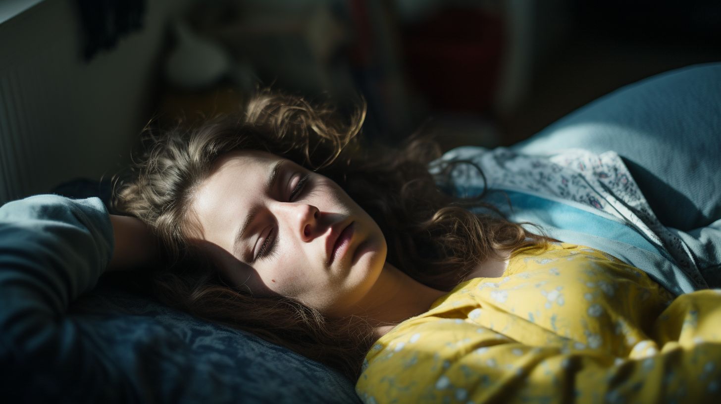 a woman laying in bed with her eyes closed