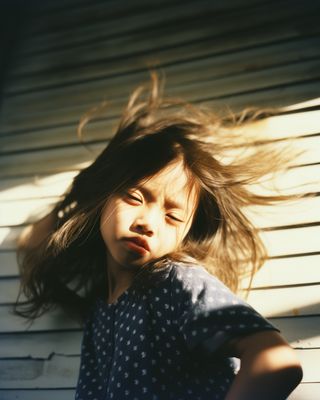 a young girl with her hair blowing in the wind