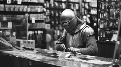 a man in a knight costume working on a piece of paper