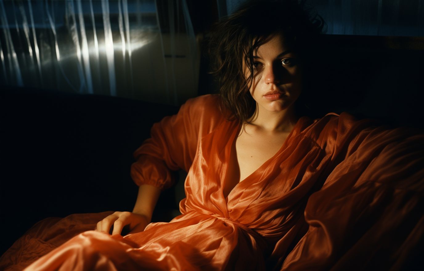 a woman in an orange dress sitting in a dark room