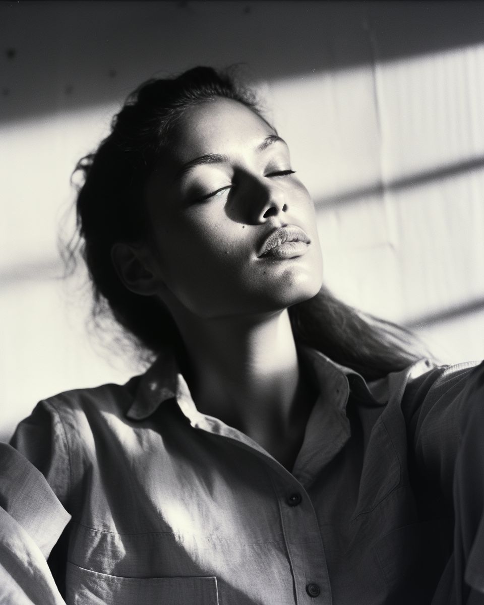 a black and white photo of a woman with her eyes closed