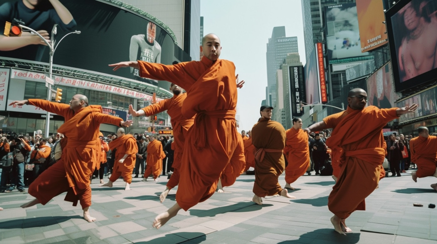 a group of people dressed in orange doing a dance