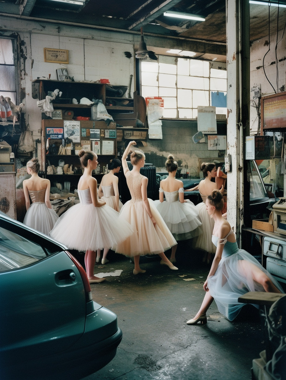 a group of women in tutu skirts in a garage