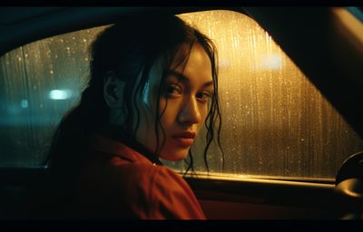 a woman sitting in a car in the rain