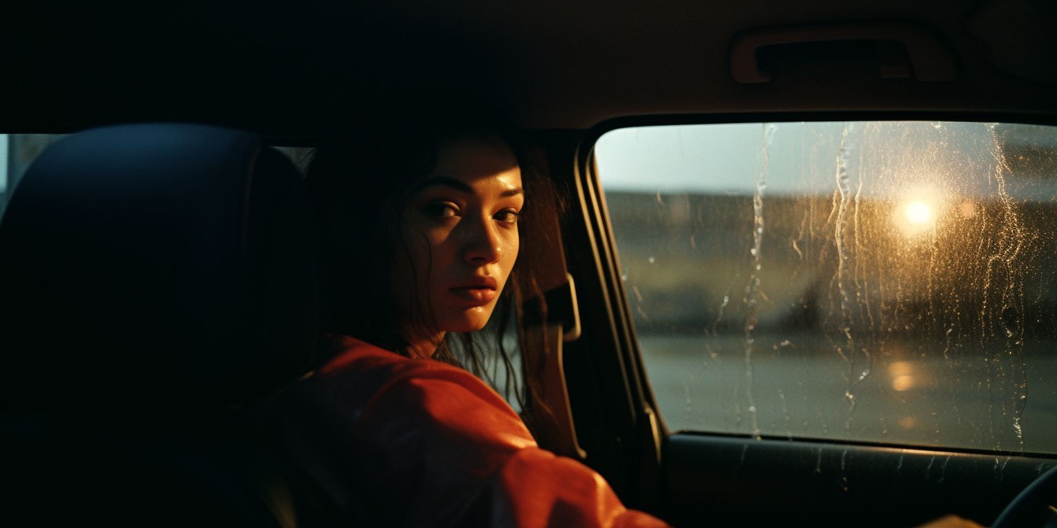 a woman sitting in the passenger seat of a car